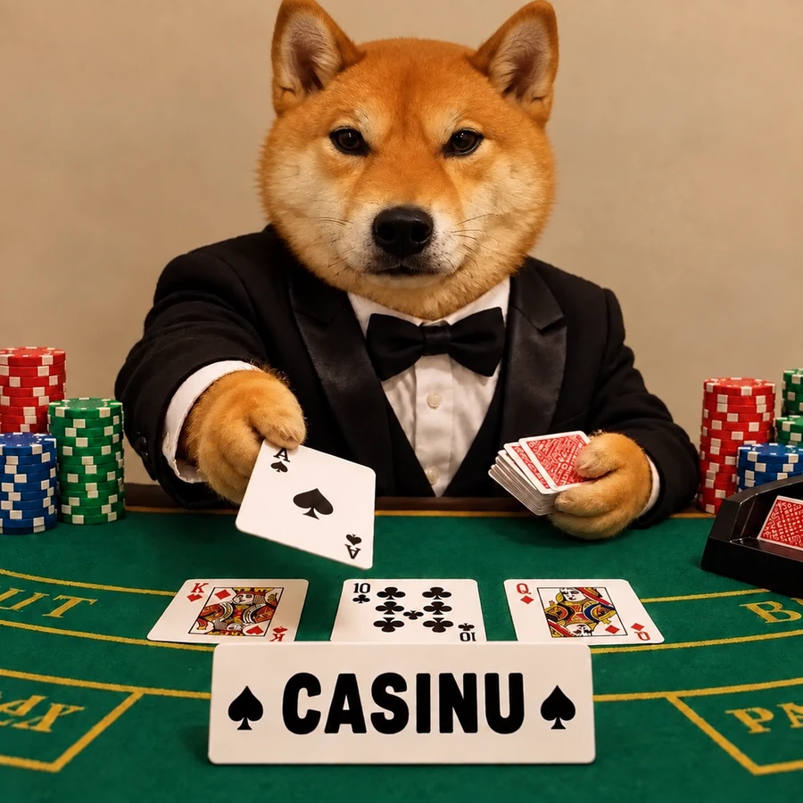 CASINU Shiba dealer in a tuxedo dealing cards